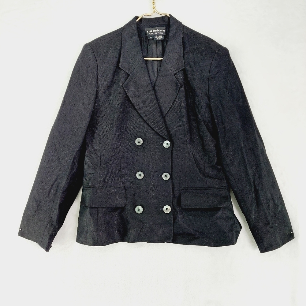 Liz Claiborne Black Double Button Notched Lapels Flap Pockets Blazer P7041